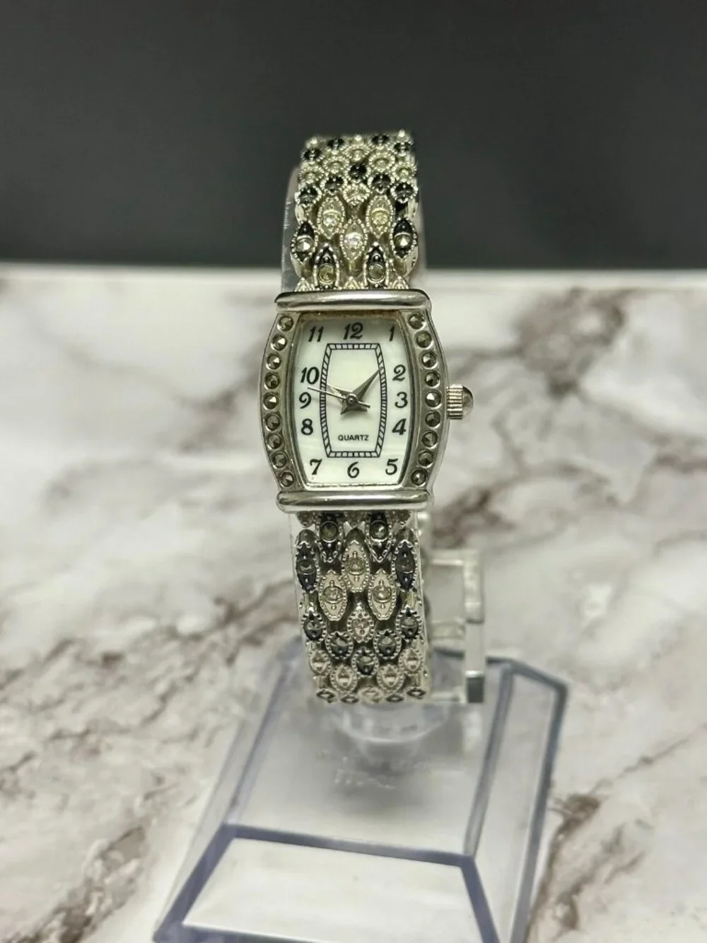M. Z. Berger Marcasite Watch Silver Tone White Dial Ornate New Battery 7 inch